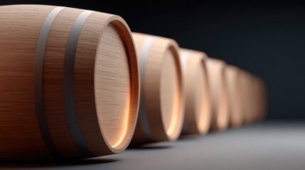 Wooden barrels aligned in dimly lit space, showcasing craftsmans