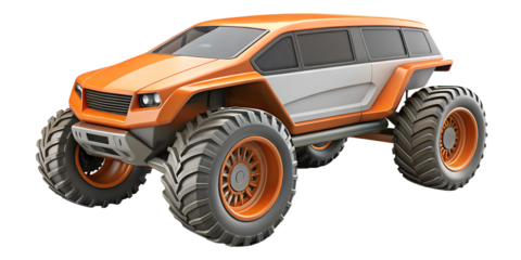 3d illustration of an orange and gray futuristic offroad vehicle with large tires, isolated on transparent background