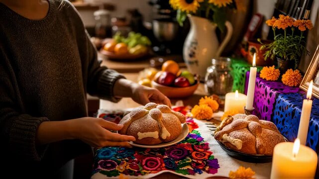 Woman placing traditional decorated bread on table for day of the dead celebration with flowers and candles.