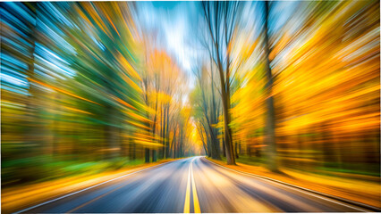 Autumn road with motion blur effect, capturing the beauty of fall foliage and the feeling of a scenic drive through nature isolated on transparent background
