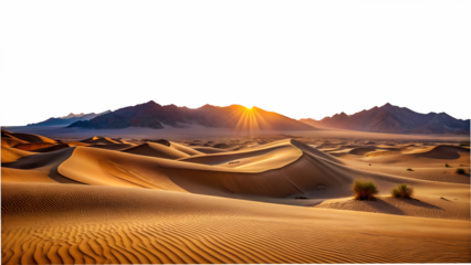 Majestic desert landscape with golden sand dunes and distant mountains at sunrise, creating a serene and picturesque scene isolated on transparent background
