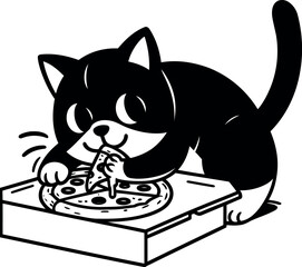 Cat devouring pizza from the box Black and white cartoon style illustration