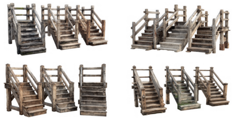 A collection of weathered wooden staircases and walkways, isolated on transparent background
