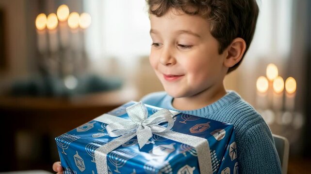 A happy caucasian boy holding a Hanukkah gift box in a room with a menorah in the background, holiday celebration footage.