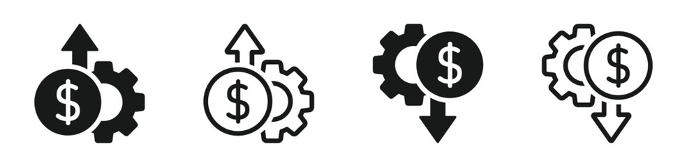 Production cost rise and fall vector signs set. Manufacturing cost increase and decrease icon