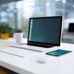 smart device mockup on desk, interface displayed, modern office environment