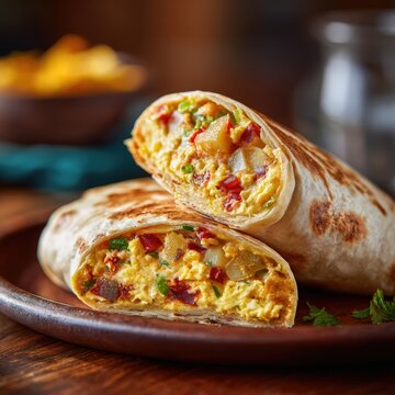 large flour tortilla filled with scrambled eggs, cheese, potatoes, beans, and salsa