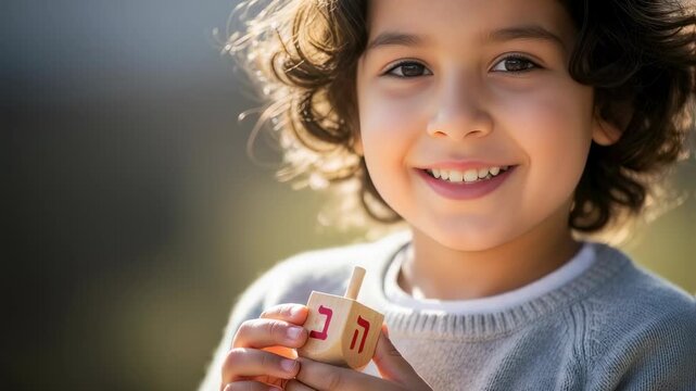 Young boy with curly hair smiling, holding a wooden dreidel. Kid playing traditional Hanukkah game, holiday celebration footage.