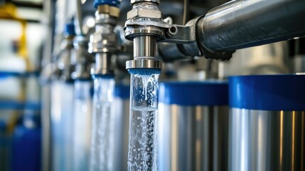 Water flowing from stainless steel pipes into containers.