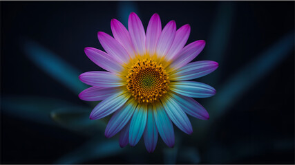 Colorful daisy flower with gradient petals in pink blue and yellow on dark background