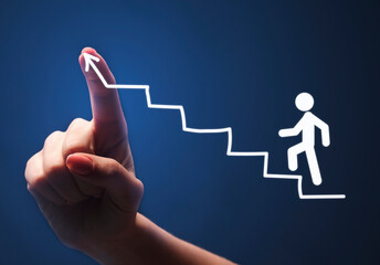 Female Hand Setting Goal Drawing Steps For Stickman Over Blue Background. Personal And Career...