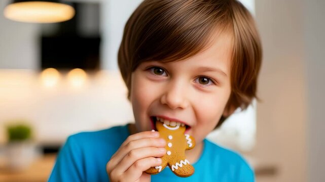 Smiling kid boy bites into a gingerbread cookie, a sweet holiday treat for Christmas or New Year celebration footage.