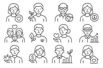Ethical Investor Icons. Line style icons of ethical investor personas: young impact investor, eco entrepreneur, retired ethical