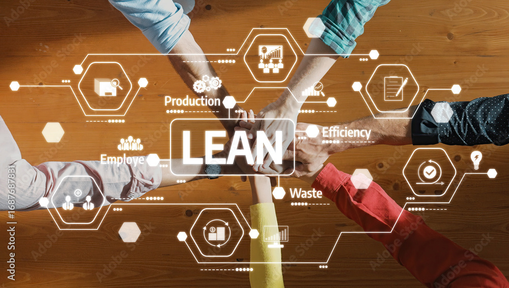Poster a diverse team engages in collaborative efforts, highlighting lean principles to enhance efficiency 