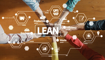 A diverse team engages in collaborative efforts, highlighting lean principles to enhance efficiency and reduce waste while promoting employee involvement in business strategies. Amity