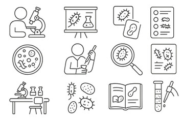 Microbiology Education Icons. Line style icons of microbiology education: microscope demo icon, lab experiment board, bacterial
