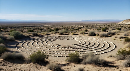 Ancient Circular Desert Maze in Arid Landscape with Sparse Vegetation and Clear Sky for Cultural Heritage and Archaeological Research