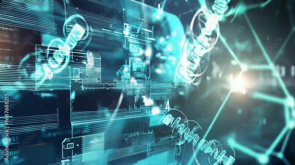 Poster digital dna chain rotating on futuristic interface
