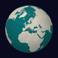 Italy on the map. Globe centered to Italy. Country location on the world map. Teal Pale Mint color palette. Globe with countries, meridians and parallels. Awesome vector illustration.