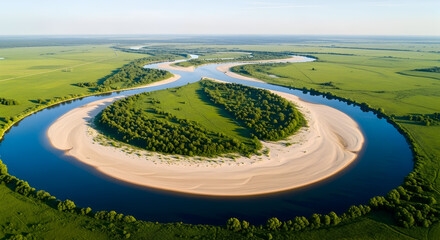 Stunning aerial view of a winding river forming a natural island with lush green vegetation surrounded by sandy banks and expansive green fields under a clear sky