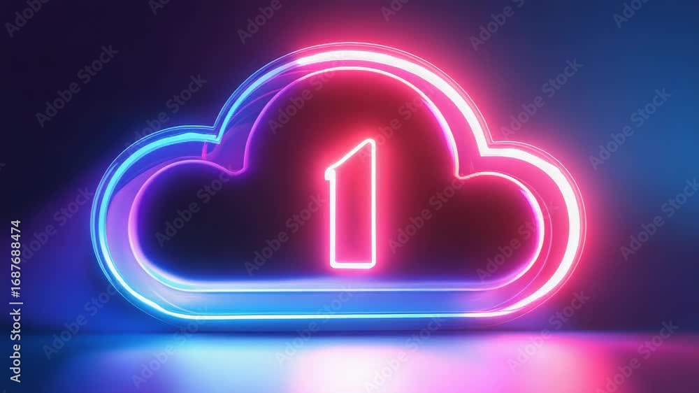 Poster neon cloud computing number one symbol reflecting on surface