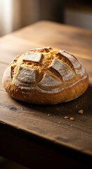 Freshly Baked Artisan Loaf of Bread on Wooden Table.