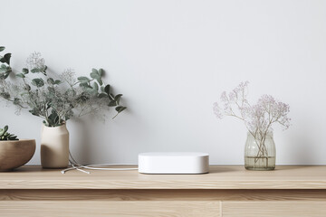 Minimalist Home Decor with Wireless Router on Wooden Shelf 