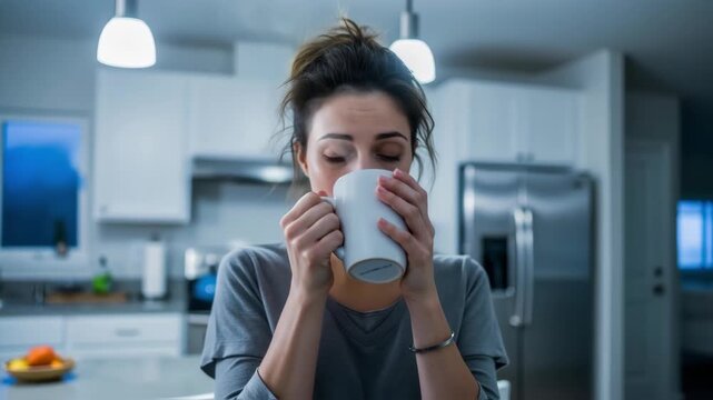 Woman with messy hair slowly drinks morning coffee or tea in kitchen at home, waking up concept.