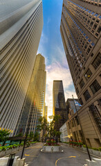 Chicago, Illinois skyscrapers through a wide-angle lens in an alley near N Columbus Drive. Chicago is the most populous city in the U.S. state of Illinois and in the Midwestern United States.