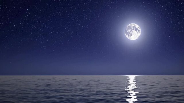 A serene night video scene with a full moon reflecting on calm ocean waters. Captured from a low angle, emphasizing the vast, starry sky. Live desktop wallpaper.