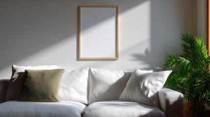frame mockup on gallery wall, modern apartment interior, sunlight streaming