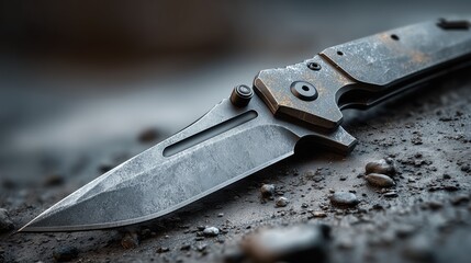 Close‑up of rugged folding knife with weathered blade lying on dusty ground.

