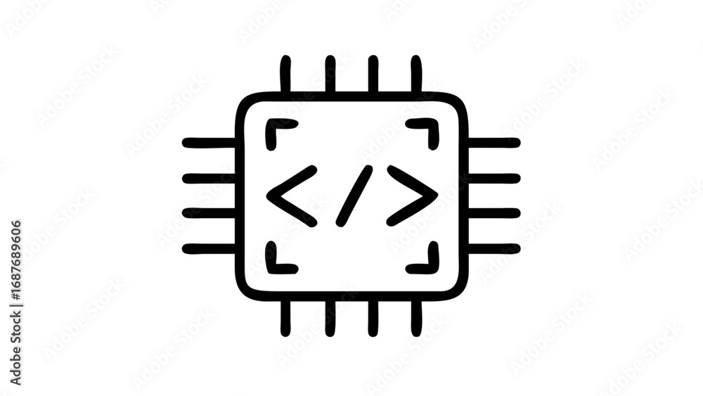 Poster icon of a microchip with code symbols inside, representing technology and programming.