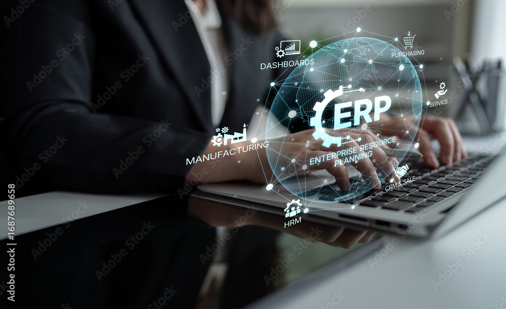Poster erp platform visual showing centralized system for enterprise resource planning, improving integrati