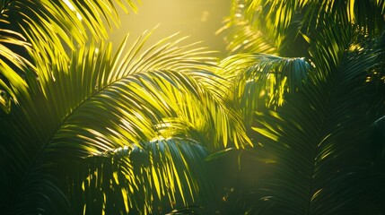 Radiant palm fronds illuminated by gentle morning sunlight in a serene environment