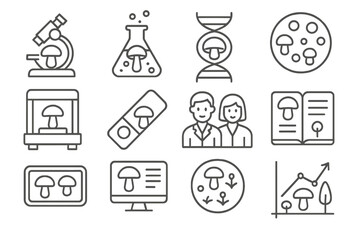 Fungi Research Icons. Line style icons of fungi science and research: microscope mushroom, lab beaker with spores, fungi DNA
