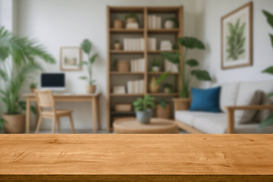 empty wooden table top blurred view of modern living room with sofa and soft bench. room interior with couch, armchair and coffee table or shelving units. stylish living room. comfortable workplace. - Powered by Adobe