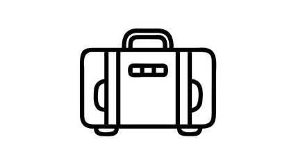 Icon of a suitcase with handle and wheels, front view, black and white.