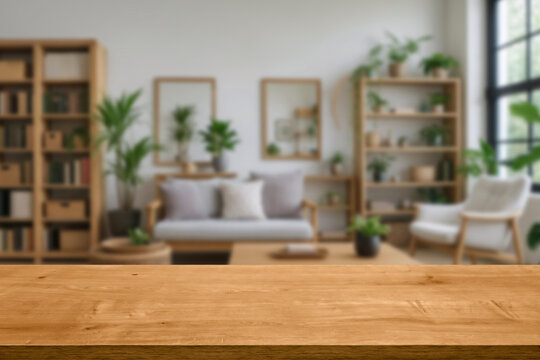 empty wooden table top blurred view of modern living room with sofa and soft bench. room interior with couch, armchair and coffee table or shelving units. stylish living room. comfortable workplace.