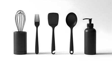 Fototapeta premium Modern black kitchen utensils and soap dispenser set including whisk fork spatula and spoon on white background for culinary and home decor use