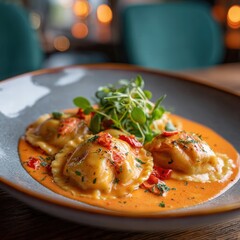 Homemade ravioli filled with lobster meat, served with a creamy tomato sauce