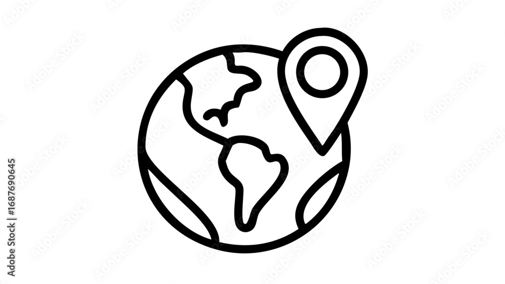 Poster a simple black line icon of a globe with a location pin, representing global positioning and travel.