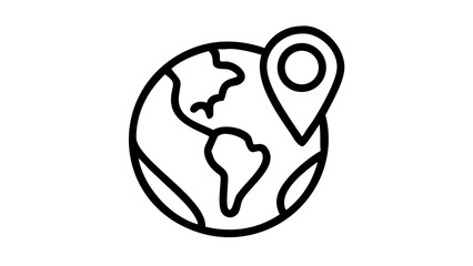 A simple black line icon of a globe with a location pin, representing global positioning and travel.