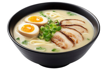 A delicious bowl of tonkotsu ramen with tender chashu pork, perfectly cooked ajitama eggs, and fresh green onions, isolated on a transparent background