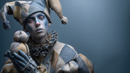 Playful harlequin performer in blue and gold diamond costume with expressive gesture perfect for event marketing.

