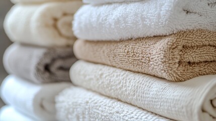 Closeup of a neatly stacked arrangement of white and beige towels for a clean aesthetic