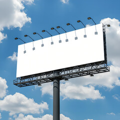 Large blank outdoor billboard mockup with lamps against blue sky and clouds