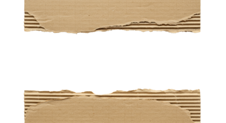 Two clean brown corrugated cardboard pieces with torn edges, revealing wavy layers, on a transparent background with central copy space. Concept of natural texture and sustainability