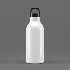 Blank white reusable water bottle mockup with black cap on gray background