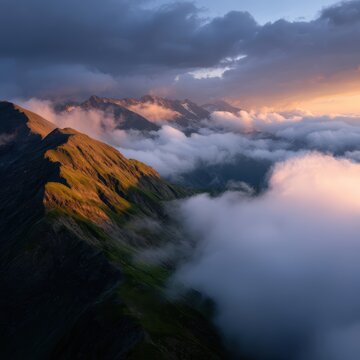 mountain ridge with clouds rolling through valleys, dramatic sunrise light